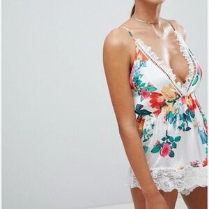 Misguided Satin Floral Lace Trim Teddy NWT